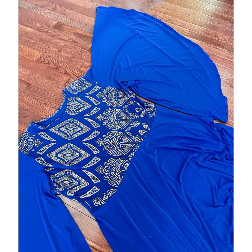 Handmade Bell Sleeve Blue Gold Glitter Unique Pattern Formal Gown Dress - Picture 11 of 12
